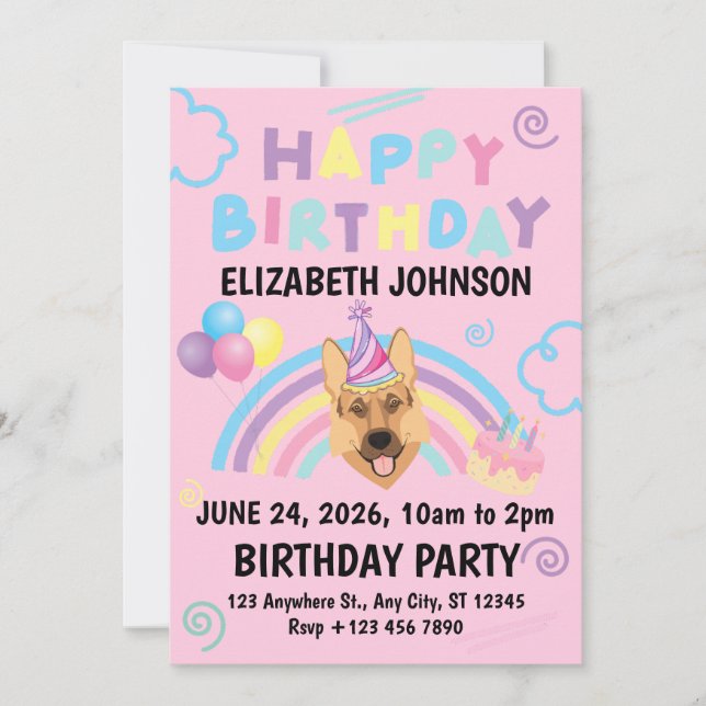 Invitación German Shepherd Birthday Party Invitation Pink (Anverso)