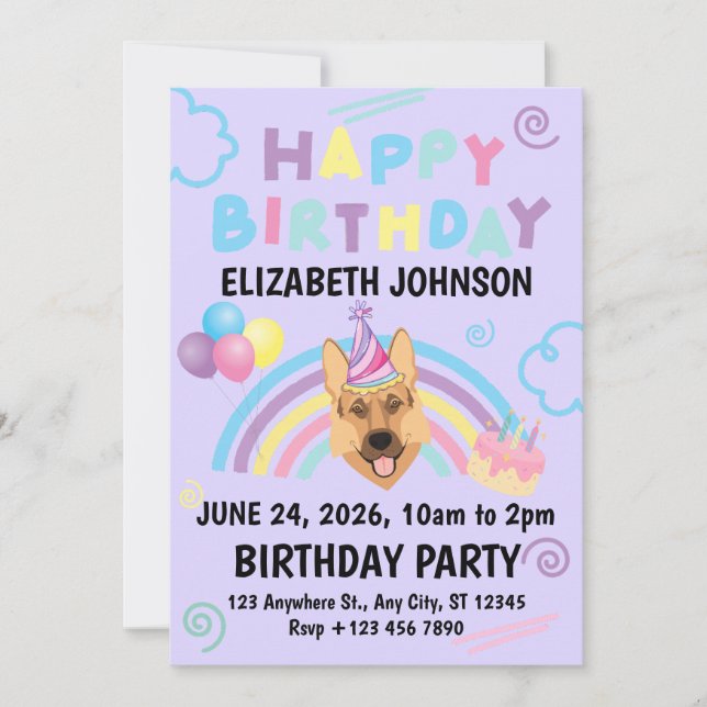 Invitación German Shepherd Birthday Party Invitation Purple (Anverso)