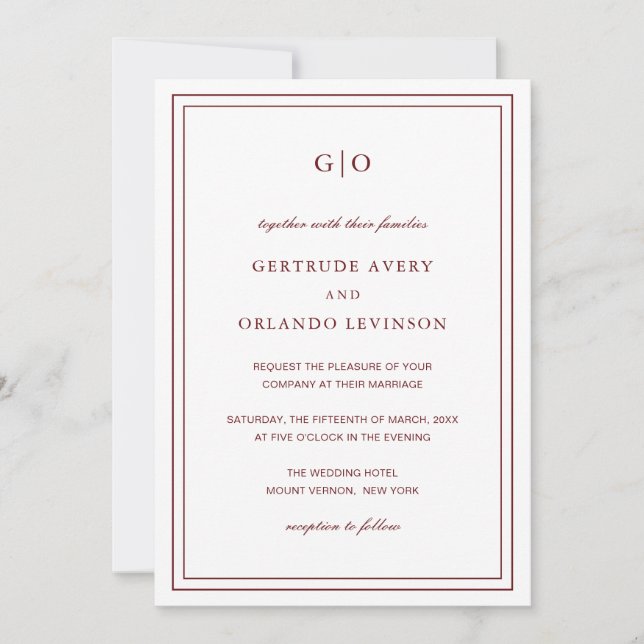 Invitación Gertrude Burgundy Wine Classic Elegant Wedding (Anverso)