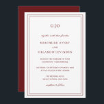 Invitación Gertrude Burgundy Wine Classic Elegant Wedding<br><div class="desc">Invitación a una boda burdeos/vino de estilo clásico con un diseño sencillo y mínimo, con su monograma en la parte superior y sus detalles de evento rodeados de un borde doble. Los tipos de letra alternan entre y el guión elegante, un serif tradicional y sans serif minimalistas. Esta invitación es...</div>