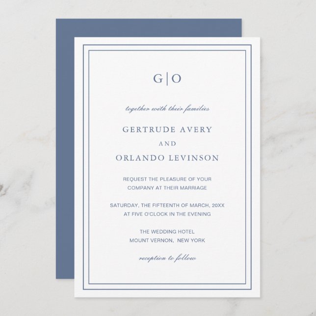 Invitación Gertrude Dusty Blue Classic Elegant Wedding (Anverso / Reverso)