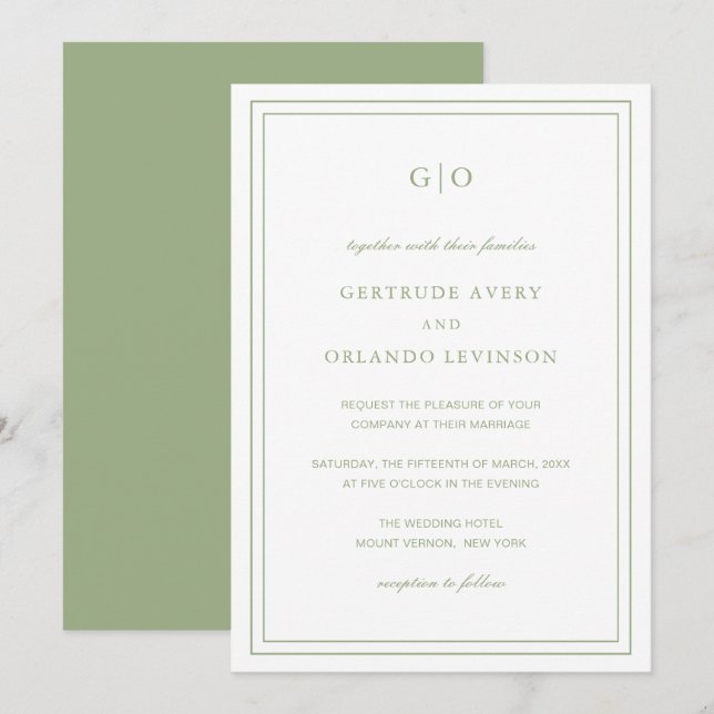 Invitación Gertrude Sage Green Classic Elegant Wedding (Anverso / Reverso)