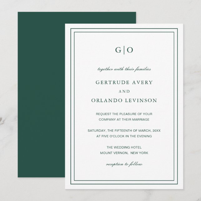 Invitación Gertude Emerald Green Clásico Elegante Boda (Anverso / Reverso)