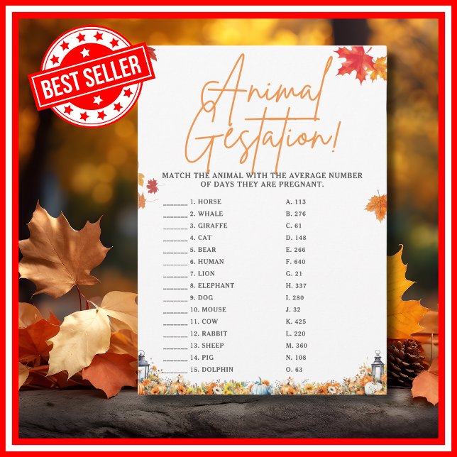 Invitación GESTACIÓN ANIMAL Juego Baby Shower POCO BOMBA (ANIMAL GESTATION Easy Baby Shower Game A Little Pumpkin is on the Way Fall Autumn Theme)