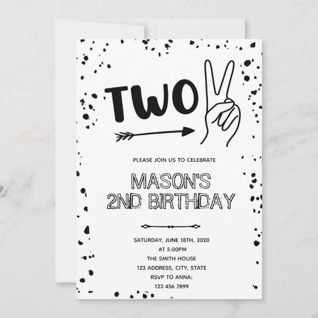 Invitación Gesto de la mano blanca negra en segundo cumpleaño (Anverso)