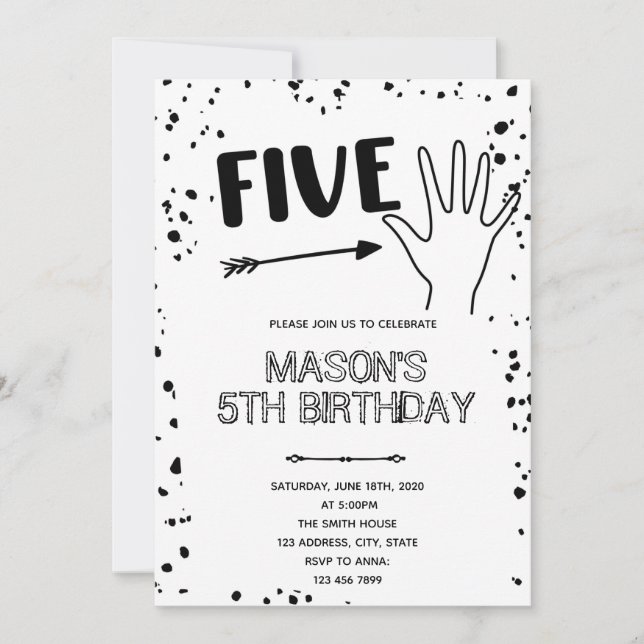 Invitación Gesto de mano en blanco y negro cumpleaños 5 (Anverso)