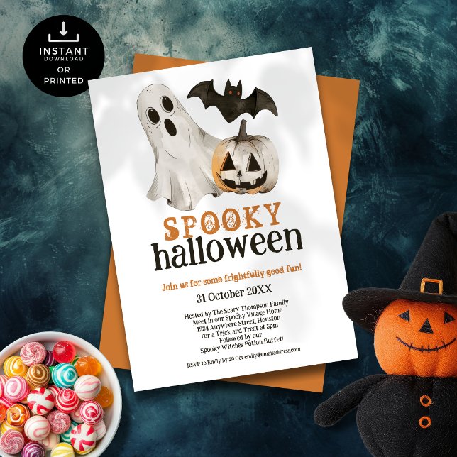 Invitación Ghost Bat Bat Spooky Halloween White (Front and back view)