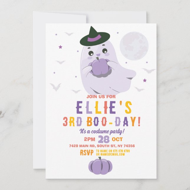 Invitación Ghost Birthday Pumpkins Chicas Purple (Anverso)