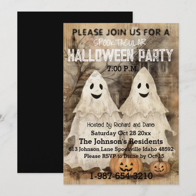 Invitación Ghostly Charm — Un susurro vintage de Halloween (Anverso / Reverso)
