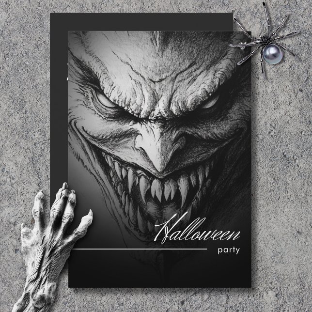 Invitación Ghoulish Gargoyle Black & White Halloween Party (Ghoulish Gargoyle Black & White Halloween Party Invitation)