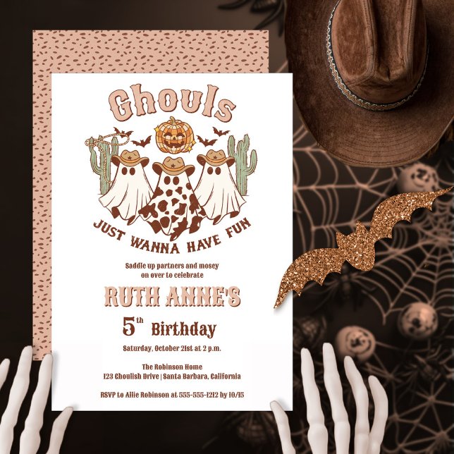 Invitación Ghouls quiere divertirse con la fiesta de cumpleañ ("Ghouls Just Wanna Have Fun" girl's western Halloween-themed birthday party.  Edit for any age.)