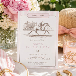Invitación Giddy Up Horse Racing Cumpleaños 1 Rosa Preppy