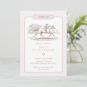 Invitación Giddy Up Horse Racing Cumpleaños 1 Rosa Preppy