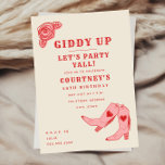 Invitación Giddy Up Let's Fiesta Pink Cowgirl Birthday<br><div class="desc">Invitaciones de cumpleaños con texto decorativo rosa y rojo "Giddy Up Let's Fiesta",  ilustracion de rosa y botas de vaquera rosadas con corazones. El fondo es blanco.</div>