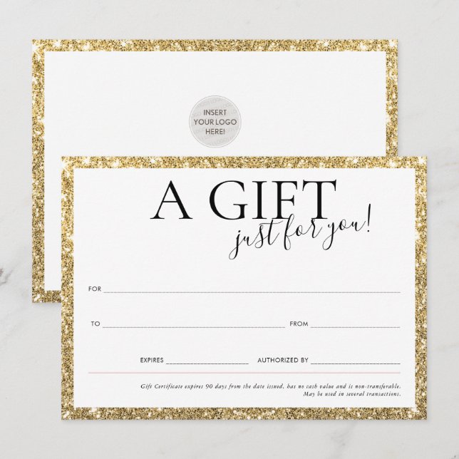 Invitación GIFT VOUCHER elegante moda purpurina de oro de neg (Anverso / Reverso)