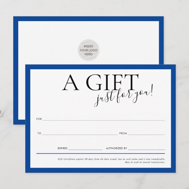 Invitación GIFT VOUCHER elegante negocio de moda azul real (Anverso / Reverso)