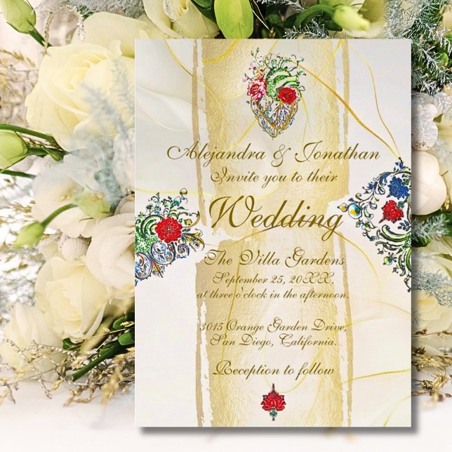 Invitación Gilded Baroque Sacred Heart Mexican Wedding (Elegant Baroque sacred heart wedding invitation with gilded details and hand-painted floral motifs.)