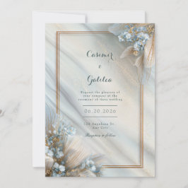 Invitación Gilded Blue Floral Cream Fluid Marble Wedding