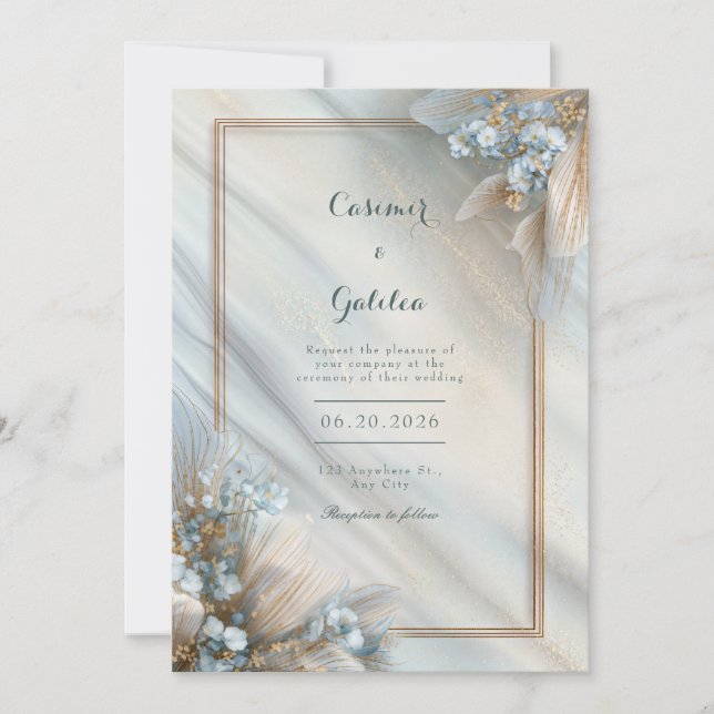 Invitación Gilded Blue Floral Cream Fluid Marble Wedding (Anverso)