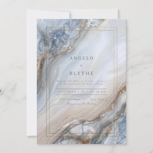 Invitación Gilded Blue Marble Agate Swirl Wedding (Anverso)