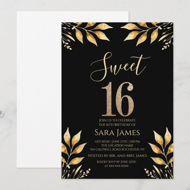 Invitación Gilded Glitz Sweet 16 (Anverso / Reverso)
