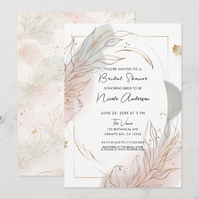 Invitación Gilded Gold Sage & Blush Botanical Bridal Shower (Anverso / Reverso)