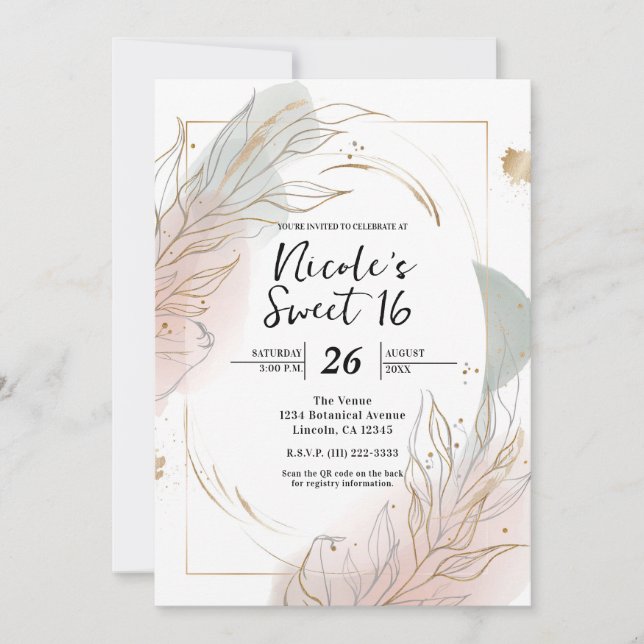 Invitación Gilded Gold Sage & Blush Botanical Sweet 16 (Anverso)