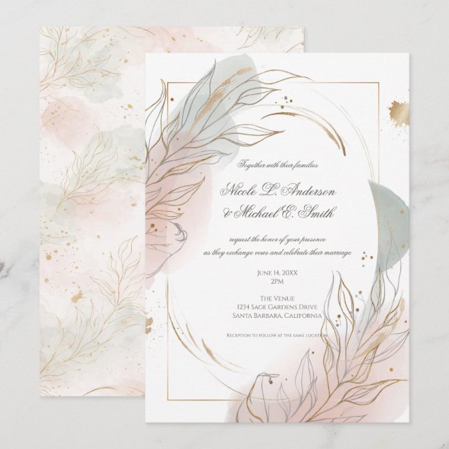 Invitación Gilded Gold Sage & Blush Botanical Wedding  (Anverso / Reverso)
