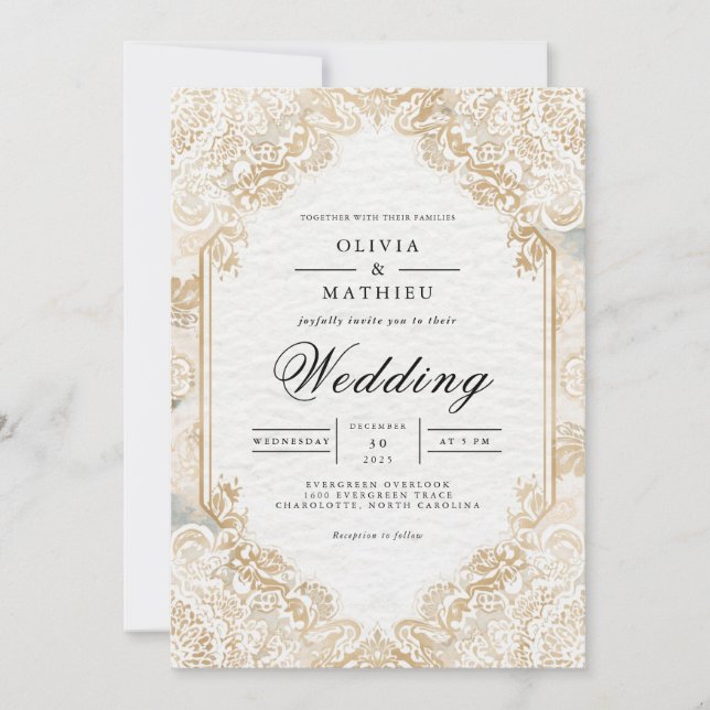 Invitación Gilded Lace Romance Flourish Boda (Anverso)