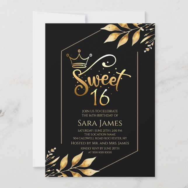 Invitación Gilded Majesty Black & Gold Sweet 16 (Anverso)