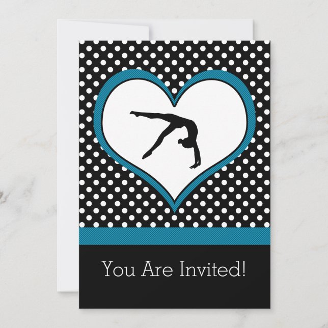 Invitación Gimnasia azul Polka-Dot con corazón (Anverso)