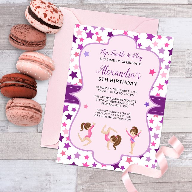 Invitación Gimnasia Chica Stars Birday Party (Gymnastic Birthday Invitation)