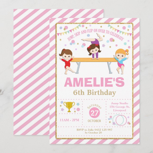 Invitación Gimnasia Cumpleaños Fiesta Chica Rosa y Oro (Anverso / Reverso)