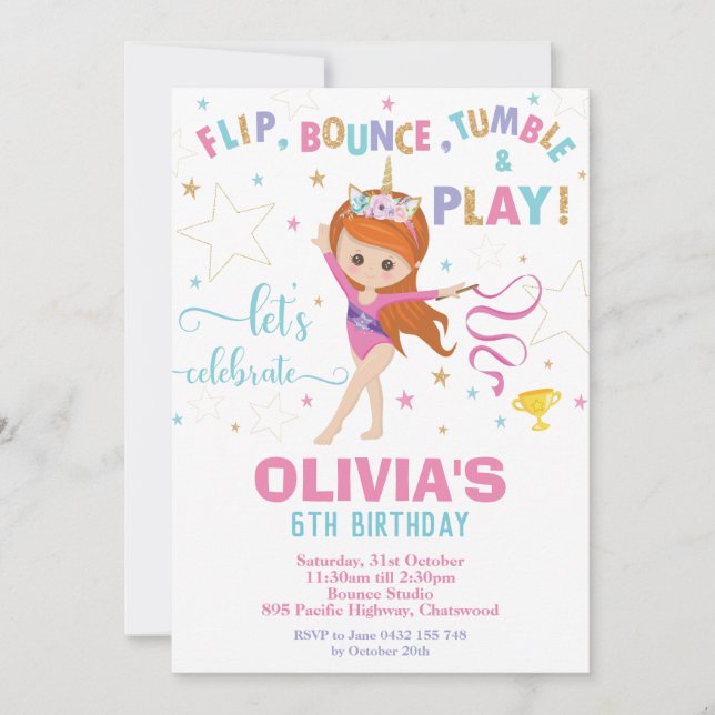 Invitación Gimnasia Cumpleaños Fiesta de Gimnasia Chica Unico (Anverso)