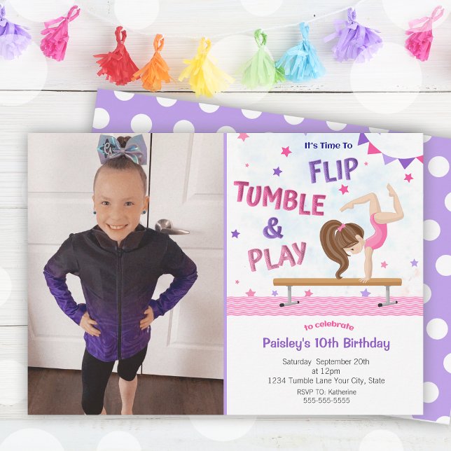 Invitación Gimnasia de Chicas púrpura Foto fiesta de cumpleañ (Purple Girls Gymnastics Photo Birthday Party Invitation)