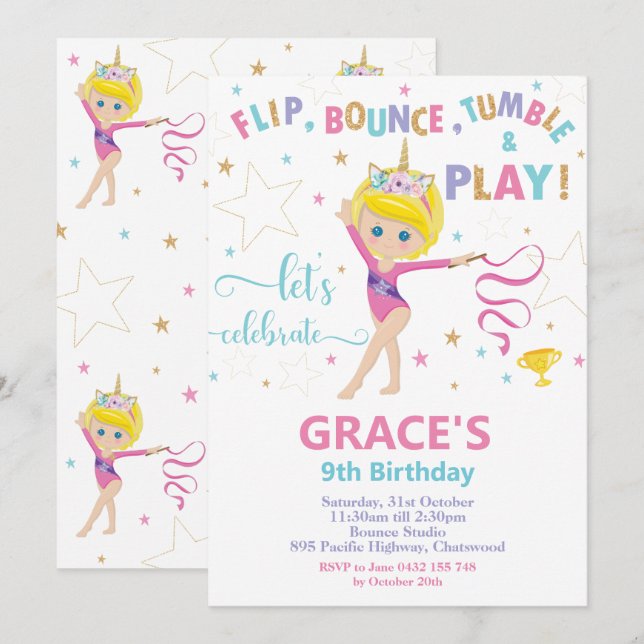 Invitación Gimnasia Fiesta de cumpleaños Chica de pelo corto (Anverso / Reverso)