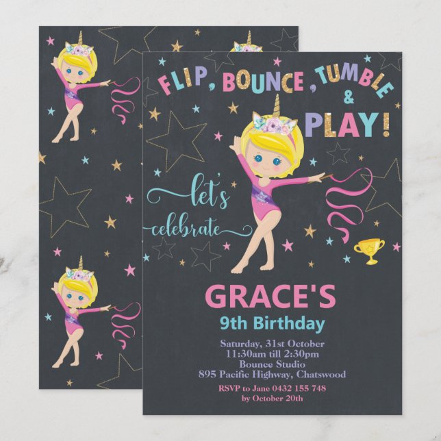 Invitación Gimnasia Fiesta de cumpleaños Chica de pelo corto (Anverso / Reverso)