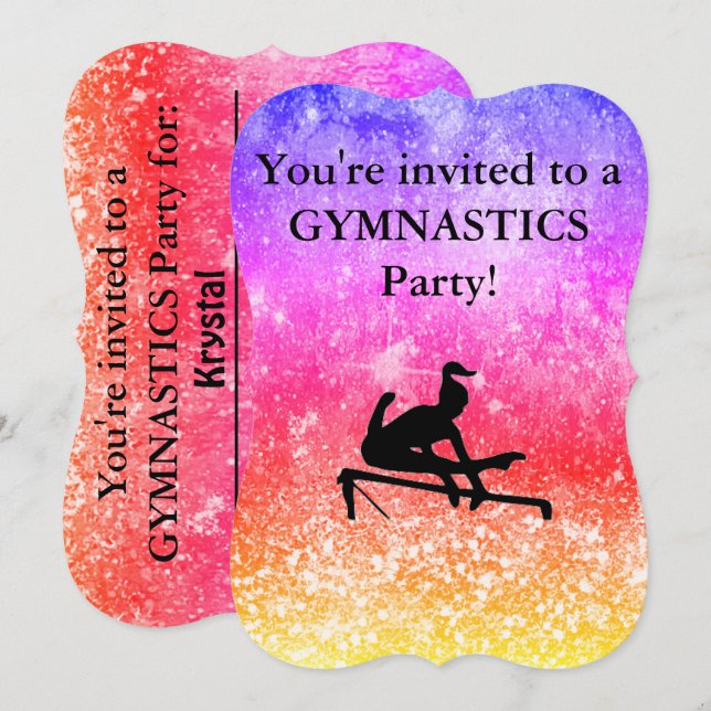 Invitación Gimnasia Fiesta de Cumpleaños del Arcoiris (Anverso / Reverso)