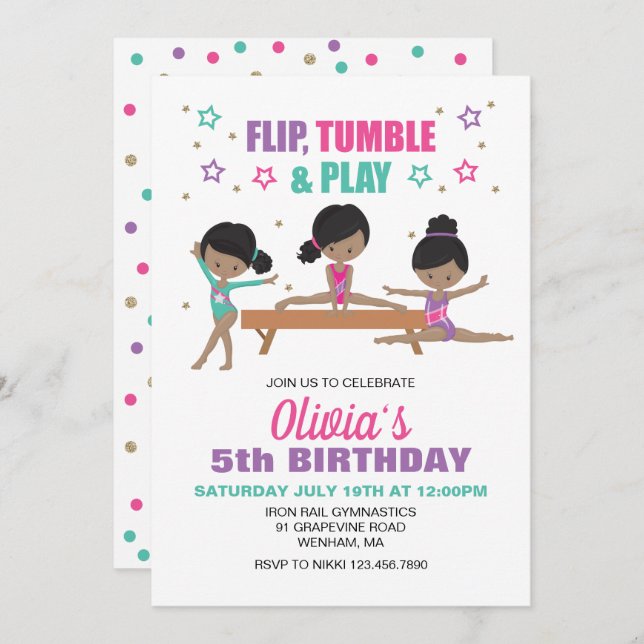 Invitación Gimnasia Flip Tumble & Play Cumpleaños (Anverso / Reverso)