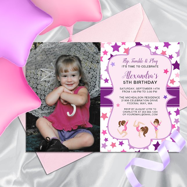 Invitación Gimnasia Foto Chica Estrellas fiesta de cumpleaños (Gymnastics Photo Girl Stars Birthday Party Invitation)
