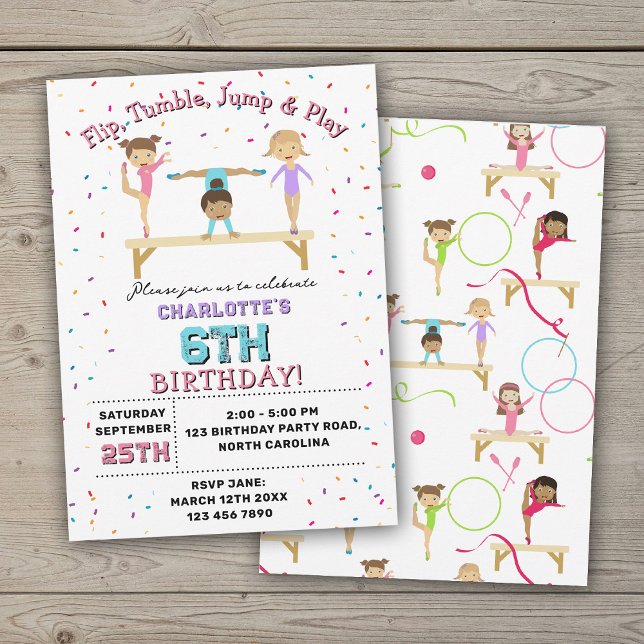 Invitación Gimnasia Niños Chica Fiesta de Cumpleaños Tema (Gymnastics Kids Girl Birthday Party Theme Invitation)