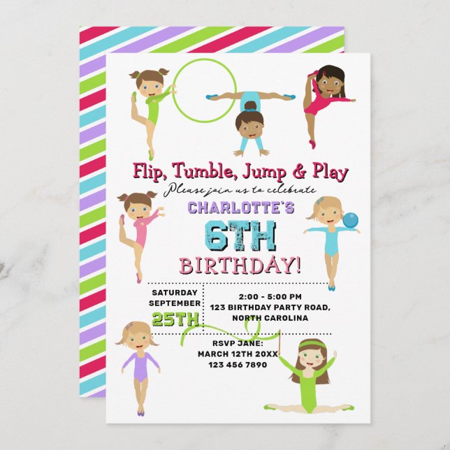 Invitación Gimnasia Niños Chica Fiesta de Cumpleaños Tema (Anverso / Reverso)