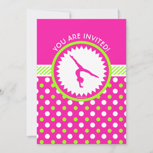Invitación Gimnasia personalizada con puntos de polka verde r (Anverso)