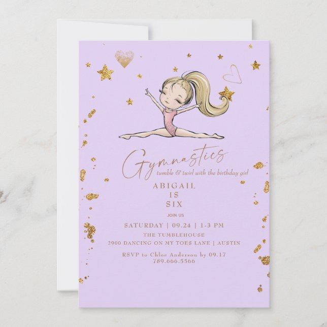 Invitación Gimnasia Púrpura Tumble y fiesta de cumpleaños de  (Anverso)