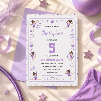 Invitación Gimnasia Rítmica Foto Morado Dorado Cumpleaños 5