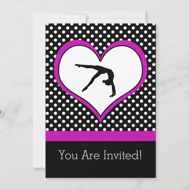 Invitación Gimnasia Rosa Polka-Dot con corazón (Anverso)