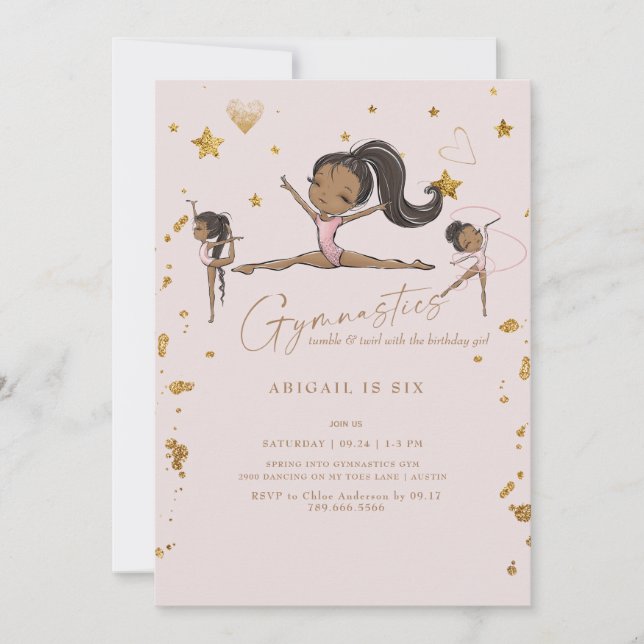 Invitación Gimnasia Tumble Twirl Fiesta de Cumpleaños IV (Anverso)