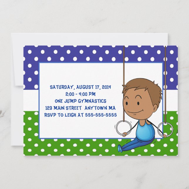 Invitación gimnástica del cumpleaños del muchacho (Anverso)