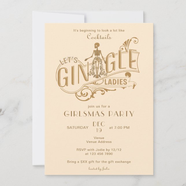 Invitación Gin-Gle Girlsmas Damas Navidades de cócteles Fiest (Anverso)