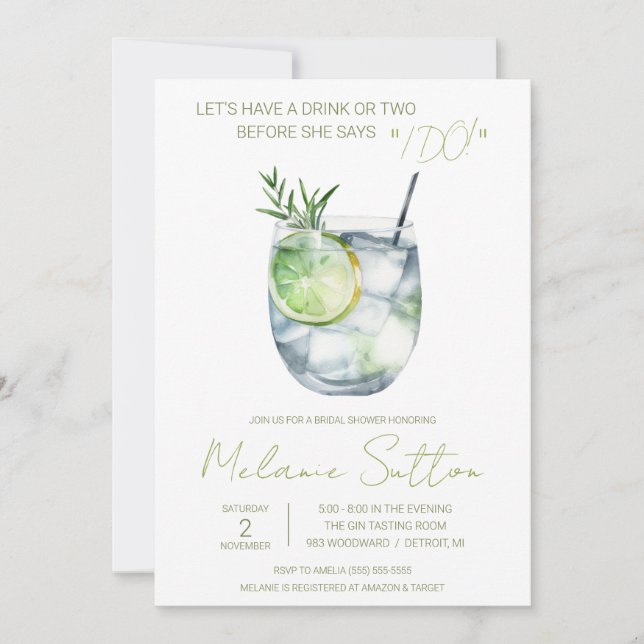 Invitación Gin & Tonic, Cocktail, Bebidas, Ducha nupcial (Anverso)